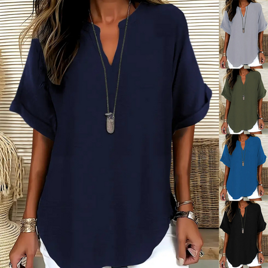 📢📢60 % de réduction !! ⏰Top Ample à Manches Courtes – Col en V, Ourlet Asymétrique & Tissu Léger Respirant (5 Couleurs)