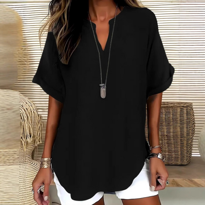 📢📢60 % de réduction !! ⏰Top Ample à Manches Courtes – Col en V, Ourlet Asymétrique & Tissu Léger Respirant (5 Couleurs)